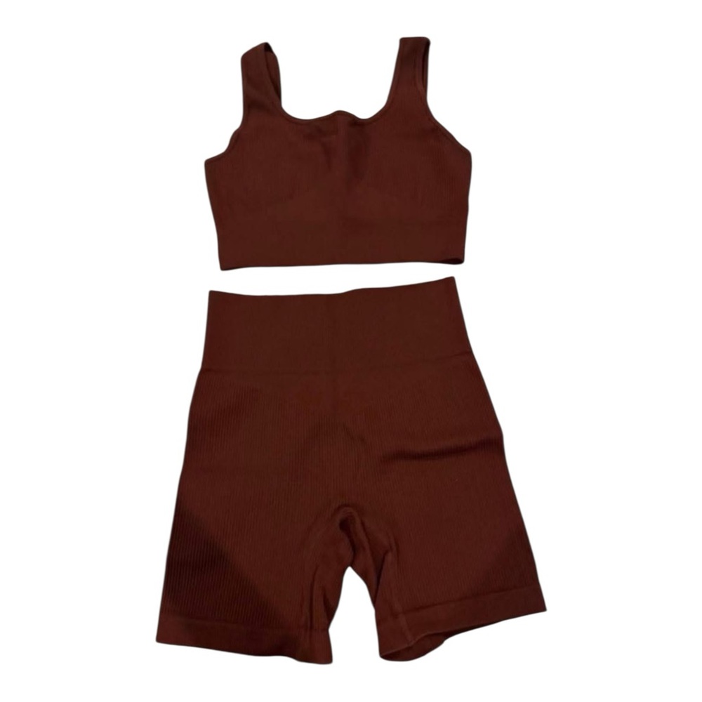 Source Unknown Brown Ribbed‎ Crop Top and Shorts Set